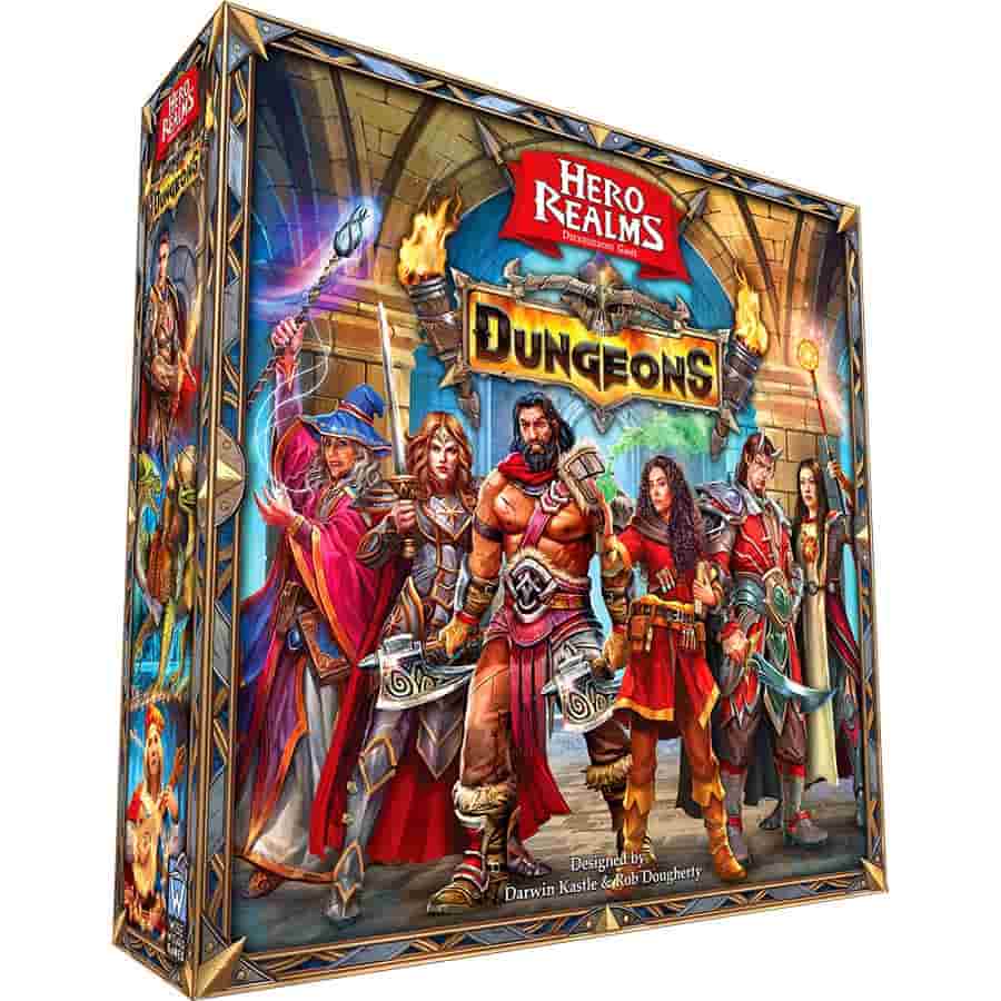 Hero Realms: Dungeons board game box featuring colorful fantasy characters in a dungeon setting, designed for strategic gameplay.