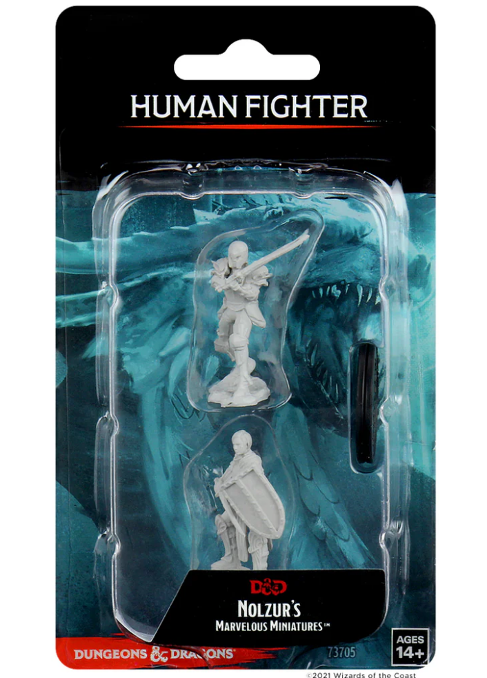 Unpainted miniatures of a female human fighter from Dungeons & Dragons, packaged for tabletop gaming enthusiasts.