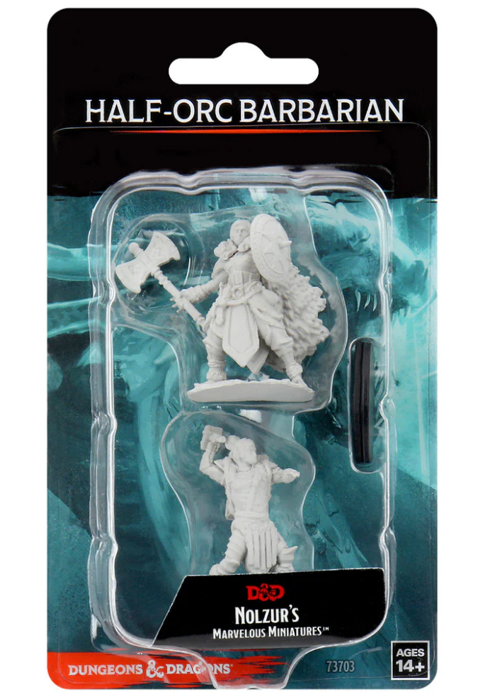 Unpainted miniatures of a female half-orc barbarian with axe and shield, packaged for Dungeons & Dragons gameplay.