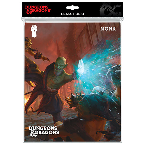 Dungeons and Dragons Monk class portfolio featuring an illustrated monk casting a spell in an action scene.