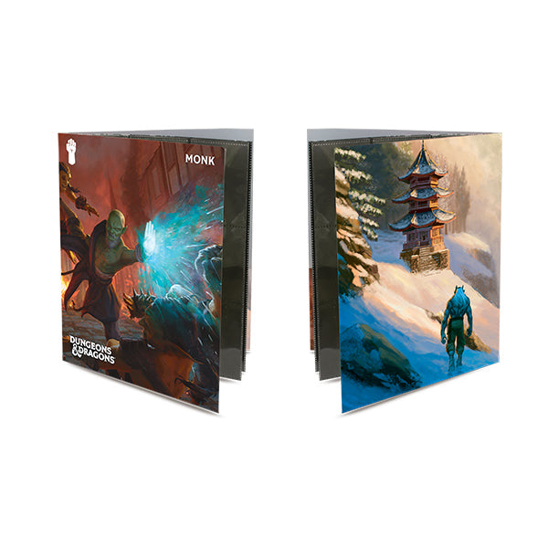 Dungeons and Dragons Monk portfolio featuring dynamic artwork of a monk and serene landscapes, ideal for character organization.