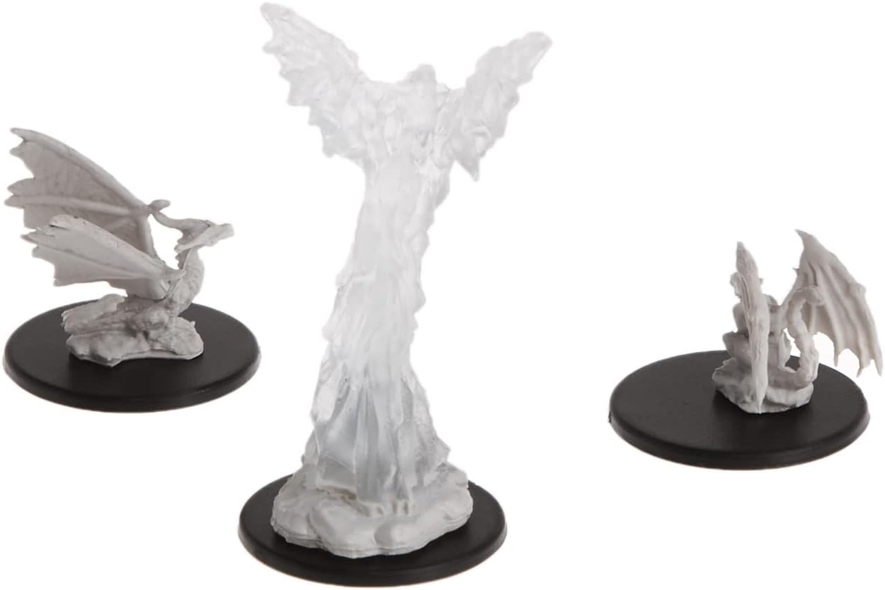 Unpainted miniatures from Dungeons & Dragons featuring three familiars: a dragon, a fairy, and a ghostly figure.