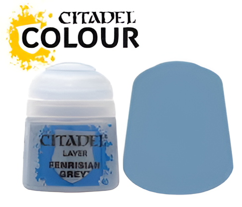 Citadel Layer Fenrisian Grey paint pot with a sample swatch showing a light blue-grey color.