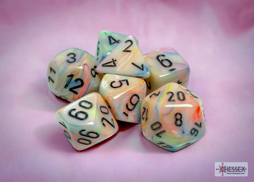 Chessex Festive Circus/Black 7-die set featuring colorful, swirled dice with black numbers on a pink background.