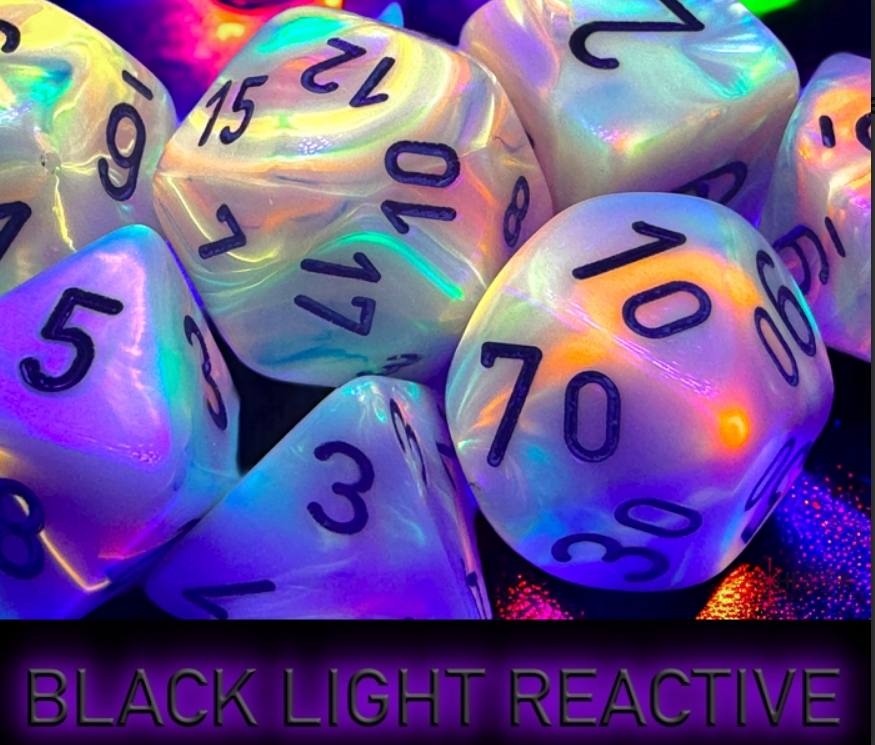Chessex Festive Circus/Black 7-die set featuring iridescent colors and black light reactive numbers for gaming.