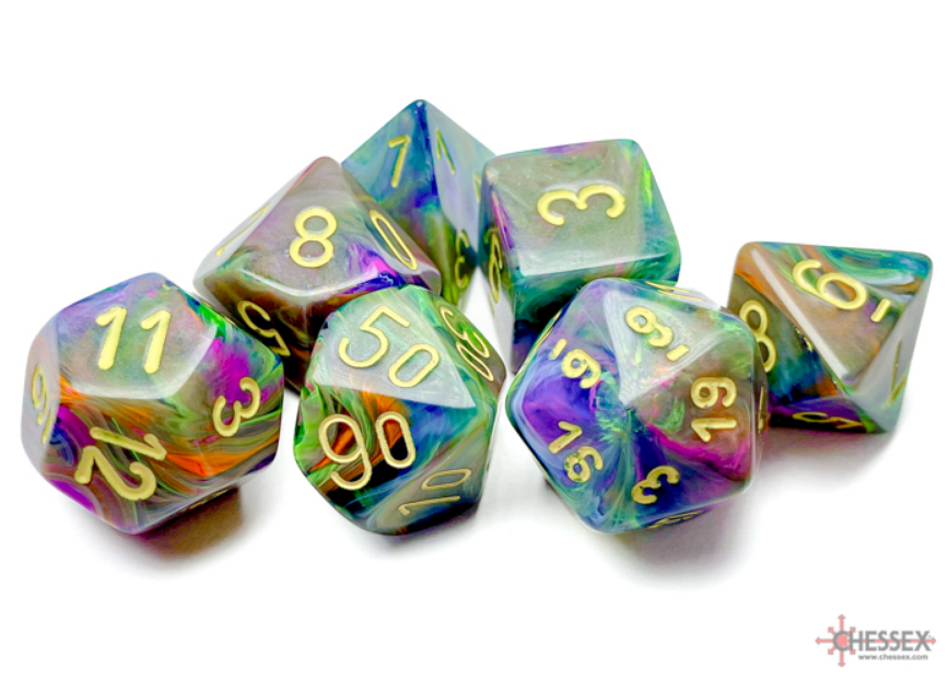 Colorful Chessex Festive Rio/Yellow 7 die set featuring vibrant swirls and gold numbers, ideal for tabletop gaming.
