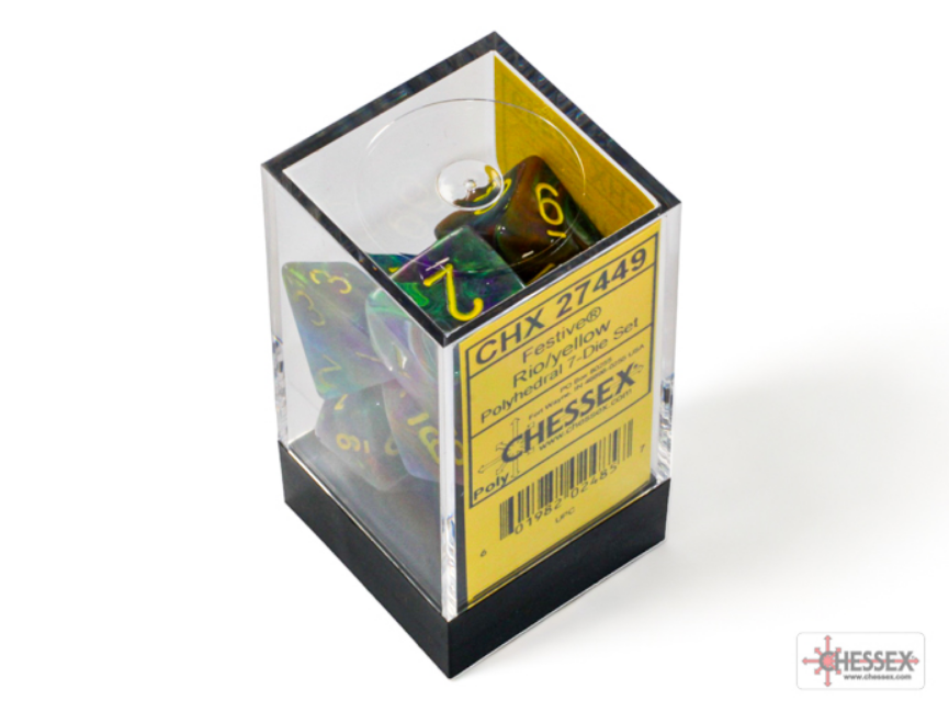Chessex Festive Rio/Yellow 7 Die Set in a clear display box, featuring vibrant colors and bold numbers.