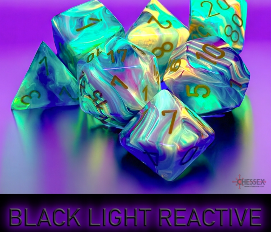 Chessex Festive Rio/Yellow 7 Die Set featuring vibrant colors and black light reactive design for tabletop gaming.