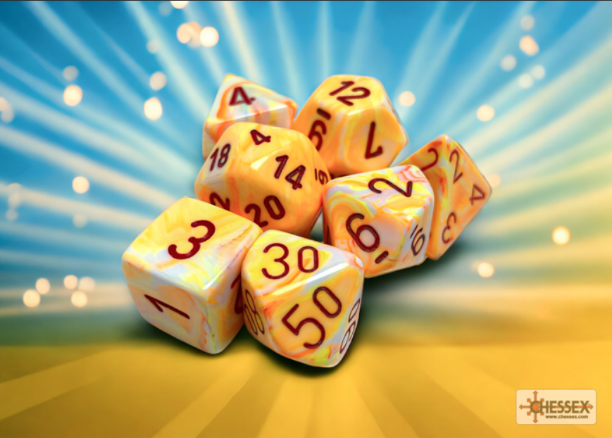 Chessex Festive Sunburst/Red 7 Die Set featuring vibrant orange and yellow marbled dice with bold red numbers.