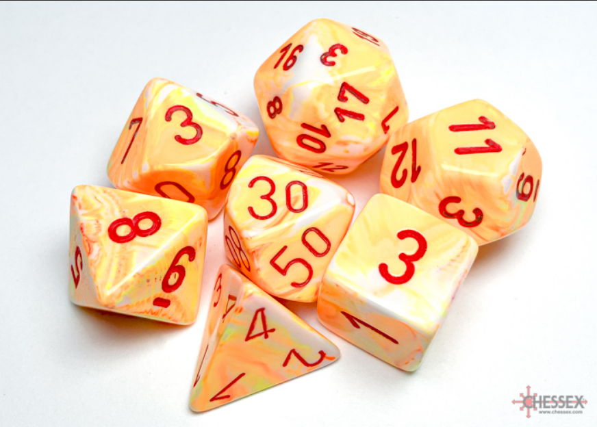 Chessex Festive Sunburst/Red 7 die set featuring vibrant orange and yellow marbled dice with red numbers.