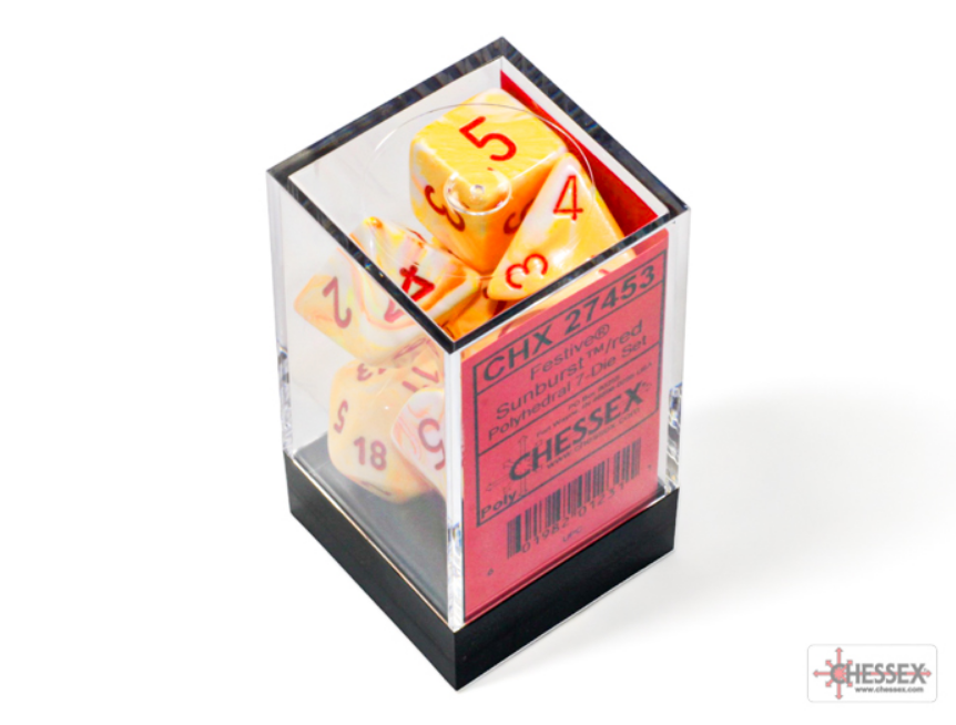 Chessex Festive Sunburst/Red 7 Die Set in a clear display box, featuring vibrant yellow dice with red numbers.