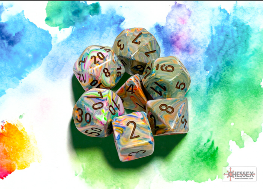 Chessex Festive Vibrant/Brown 7 Die Set featuring colorful, swirled dice with clear numbers on a watercolor background.