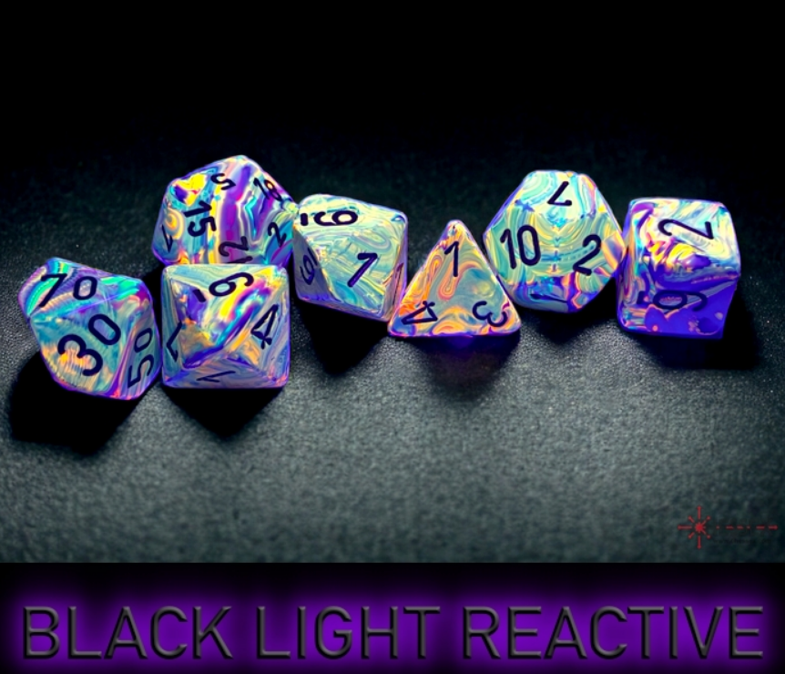 Chessex Festive Vibrant/Brown 7 Die Set featuring colorful, iridescent dice with bold black numbers, reactive under black light.