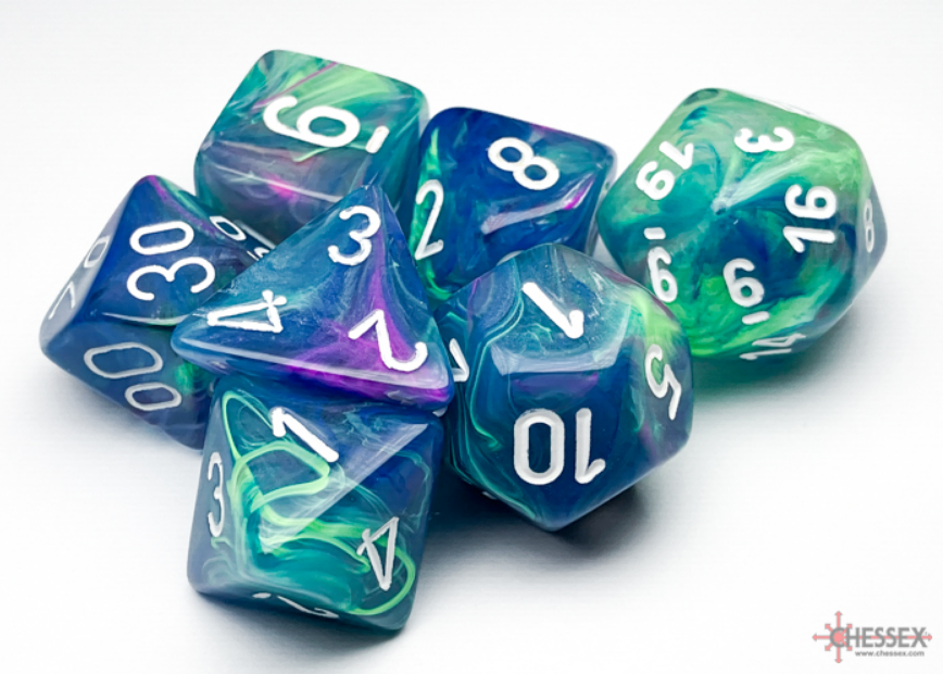 Chessex Festive Waterlily/White 7 die set featuring vibrant blue, green, and purple marbled designs with white numbers.