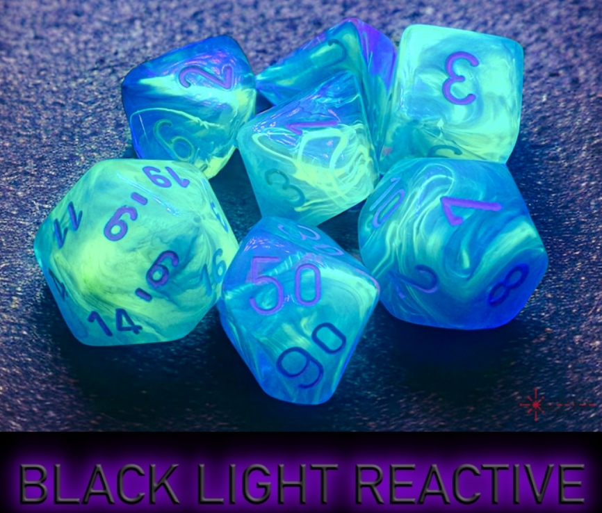 Chessex Festive Waterlily White 7 Die Set featuring vibrant blue and green marbling with purple numbers, black light reactive.