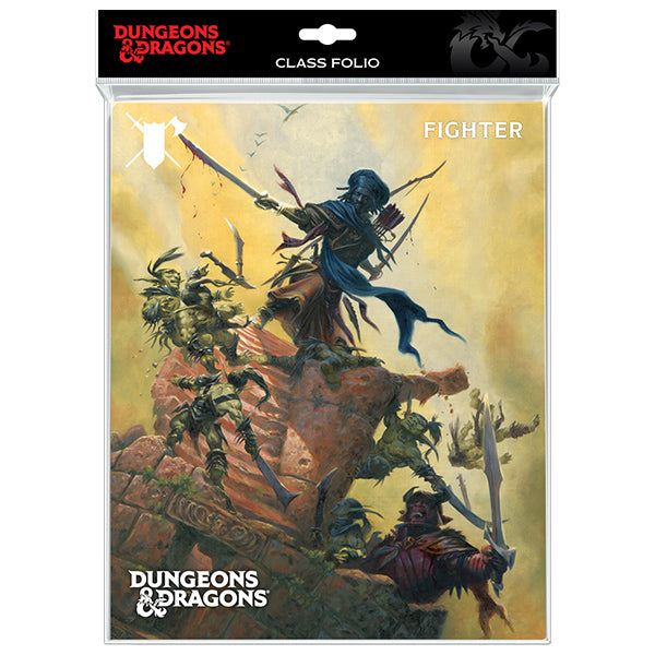 Dungeons and Dragons Fighter class portfolio featuring a warrior battling goblins on a rocky outcrop.