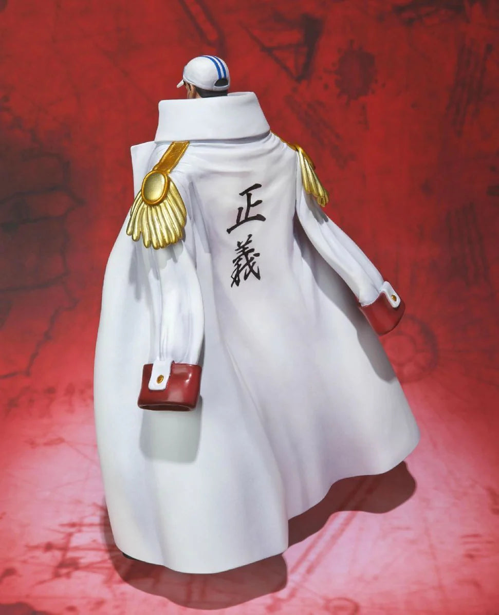 Figuarts Zero Akainu Sakazuki figure from One Piece, showcasing detailed coat and emblem on a red background.