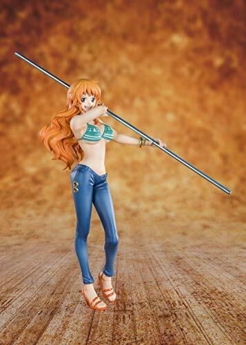 Figuarts Zero Nami from One Piece, featuring her in a blue outfit with a spear, set against a warm, textured background.
