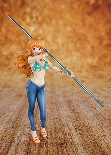 Figuarts Zero Nami figure from One Piece, featuring her in a blue outfit holding a pole, set against a warm background.