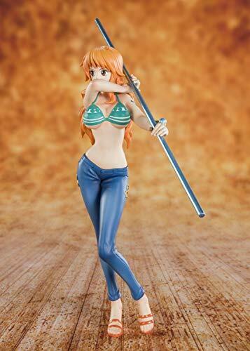 Figuarts Zero Nami figure from One Piece, featuring her in a bikini top and blue pants, holding a staff.
