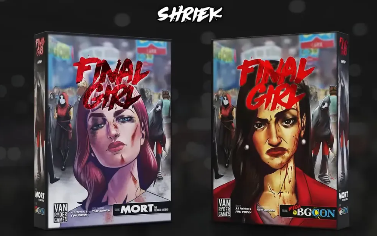 Two boxes of the Final Girl: Shriek Special Feature game, showcasing dramatic artwork of two female characters with intense expressions.