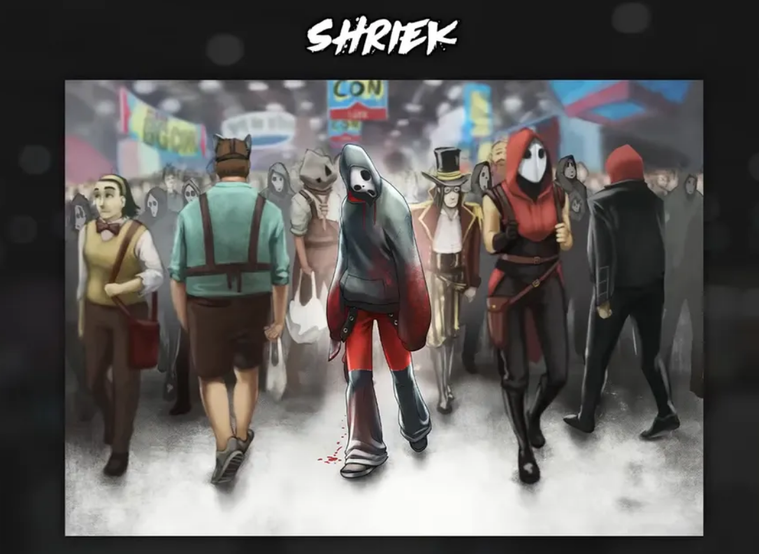 Illustration of a masked figure walking through a crowded convention, surrounded by various characters in costumes.