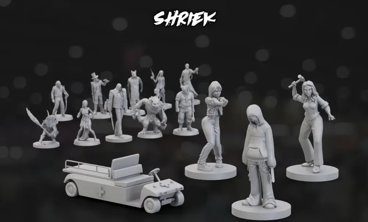 A collection of unpainted miniatures from the Final Girl: Shriek Special Feature, including characters and a vehicle.