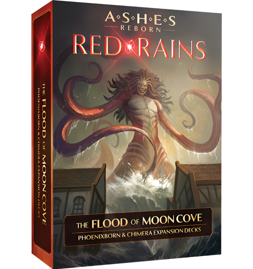 Ashes Reborn: Red Rains - Flood of Mooncove expansion box featuring a mythical creature in a stormy setting.