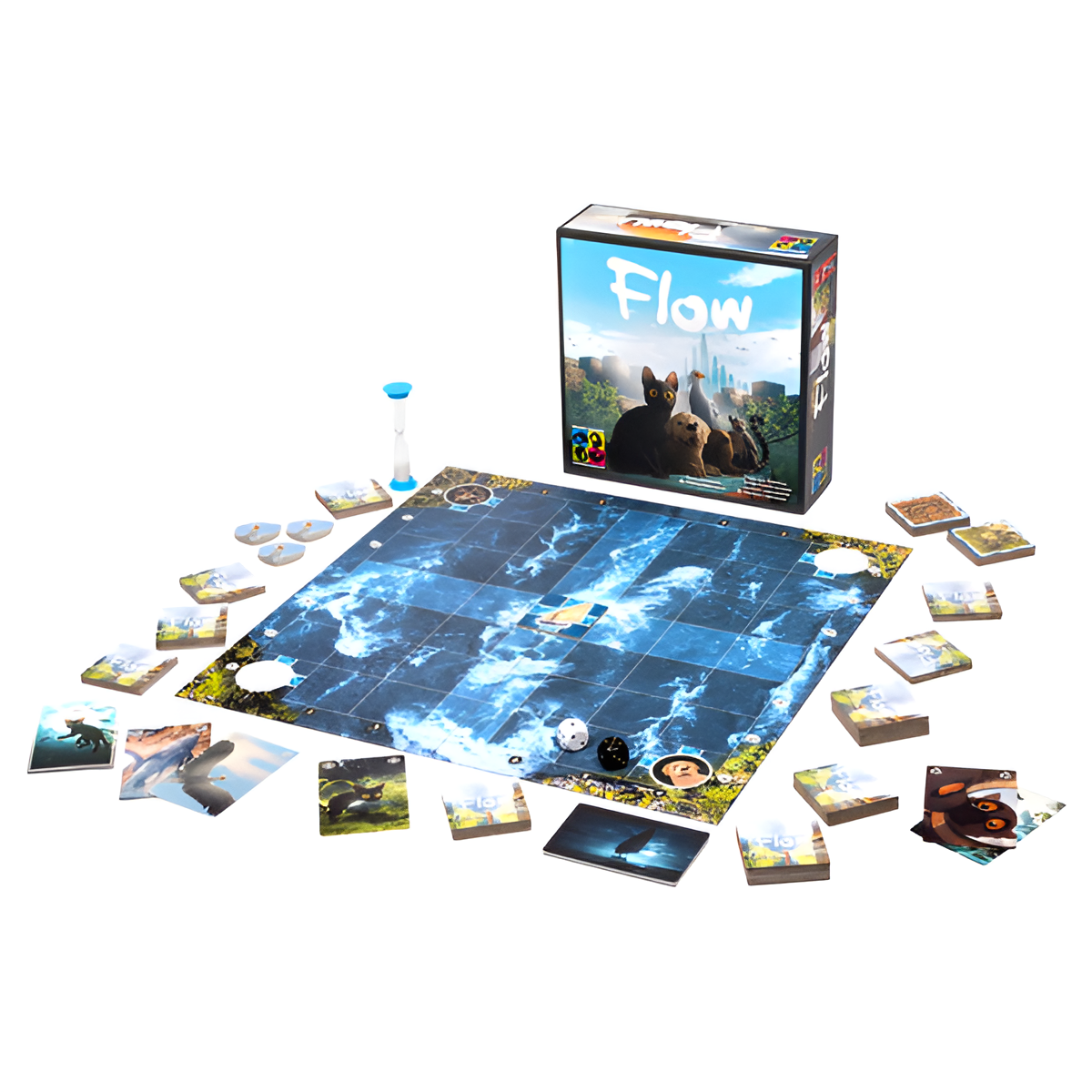 Board game Flow with a colorful box, game board, cards, tokens, and a timer arranged around it.