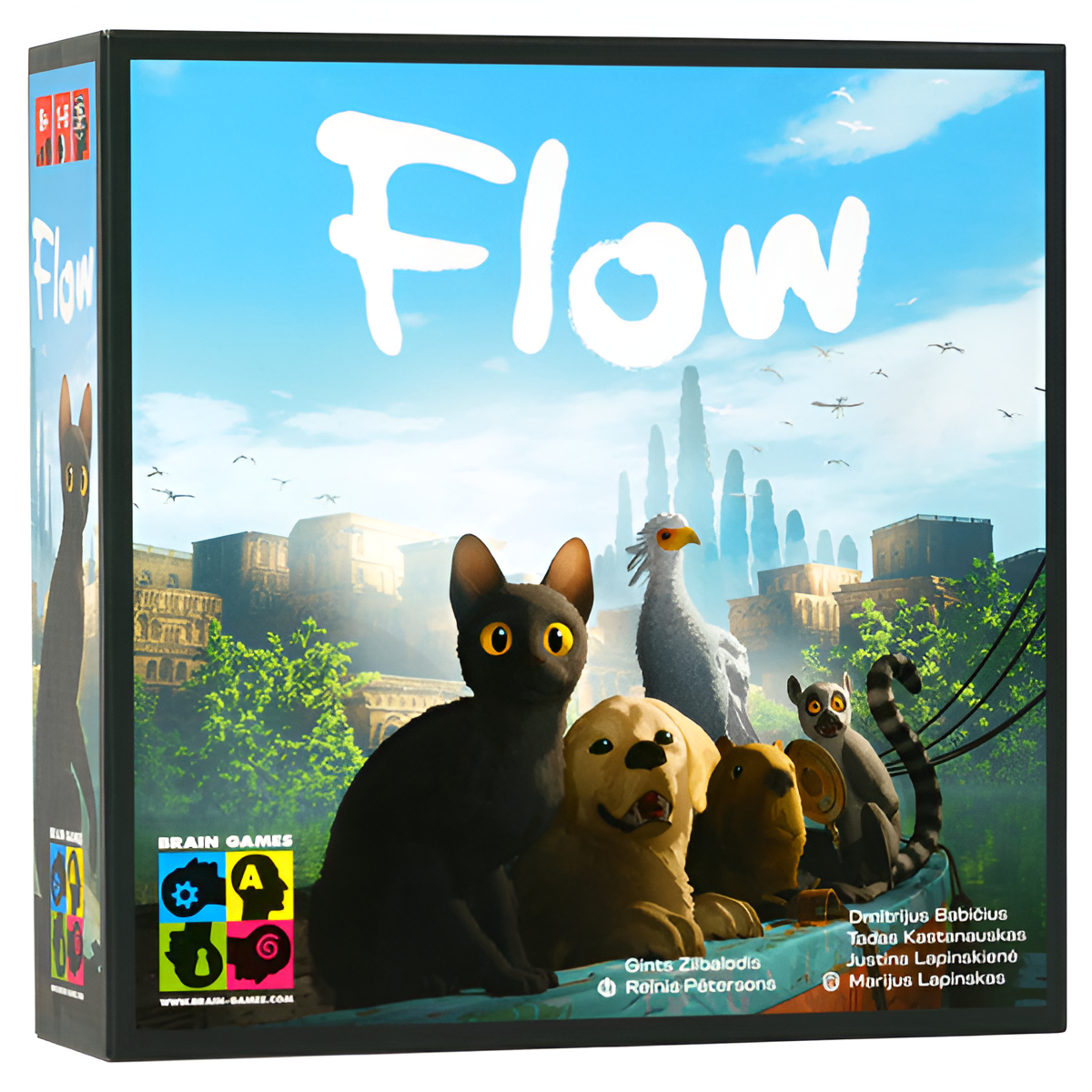 Board game "Flow" box featuring stylized animals in a vibrant landscape, designed for strategy game enthusiasts.