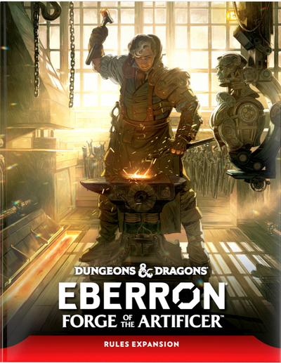 Dungeons & Dragons Eberron: Forge of the Artificer rulebook cover featuring an artificer at a forge with tools and machinery.