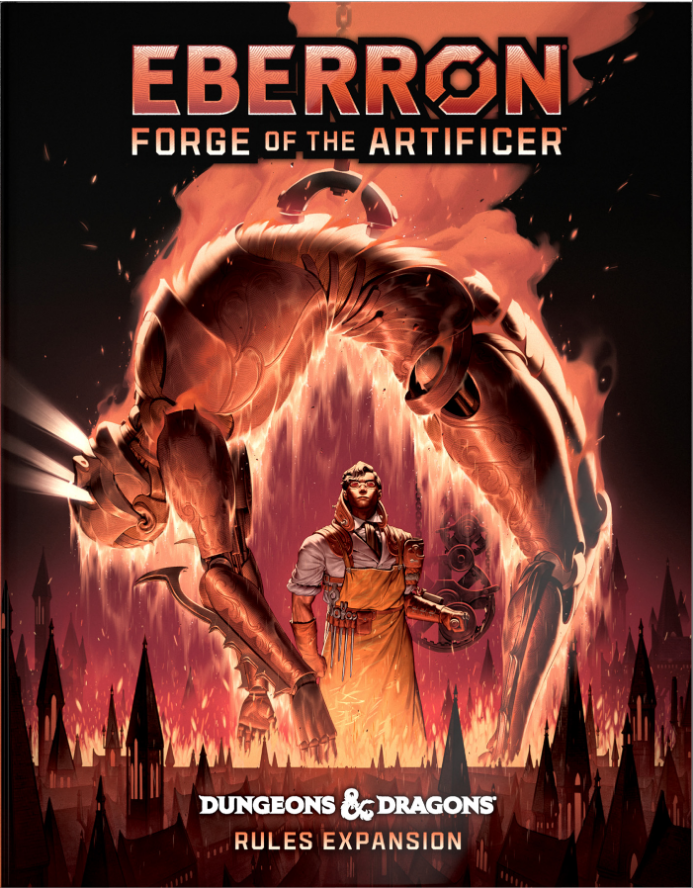 Alternate cover of Dungeons & Dragons Eberron: Forge of the Artificer, featuring a character with a mechanical dragon backdrop.
