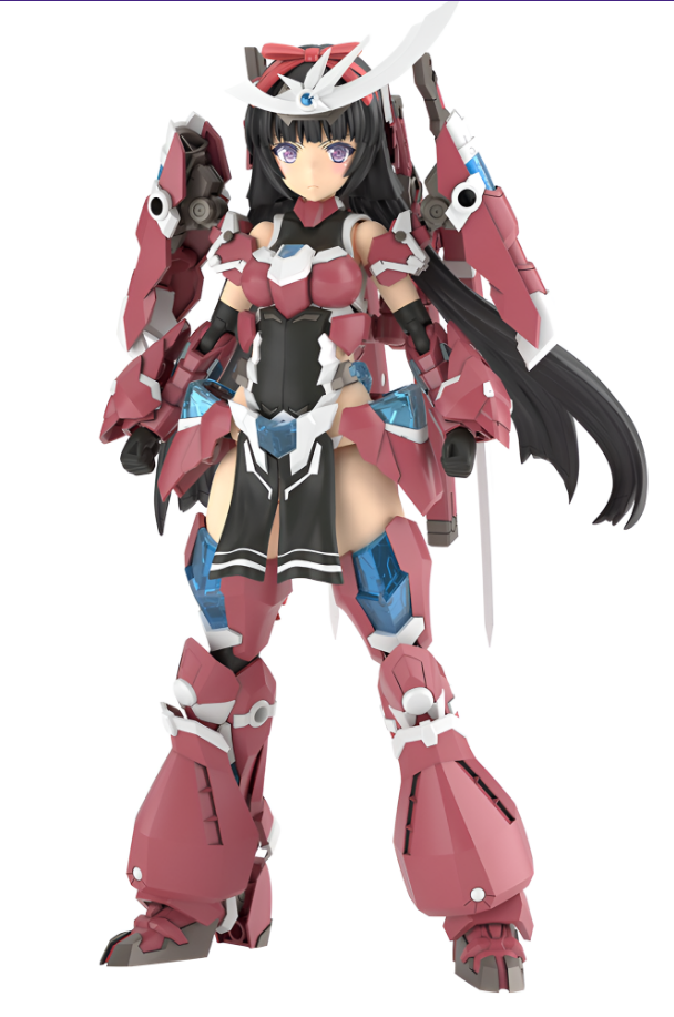Frame Arms Girl GRANDE SCALE MAGATSUKI model kit featuring a detailed, armored female figure with a striking red and black design.