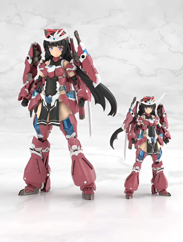 Frame Arms Girl GRANDE SCALE MAGATSUKI model kit showcasing two figures, one large and one small, in dynamic poses.