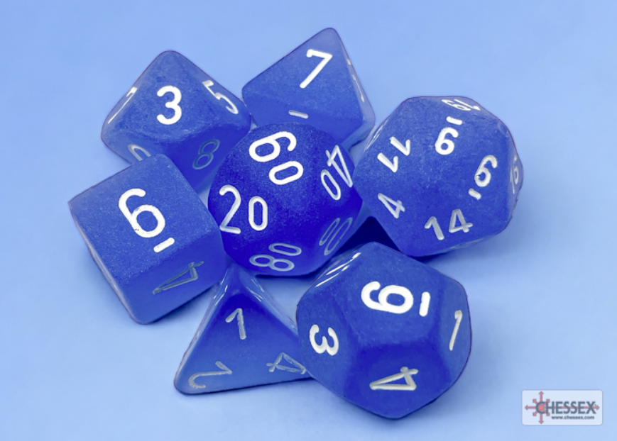 Frosted blue and white 7-die set by Chessex, featuring various polyhedral dice with clear numbering.