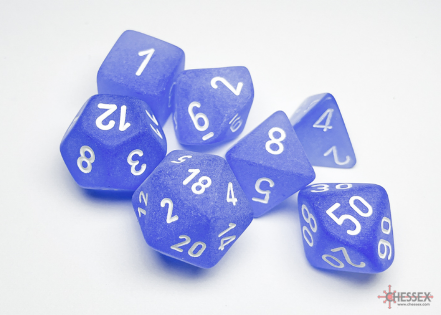 Frosted blue and white 7-die set by Chessex, featuring various polyhedral dice for tabletop gaming.