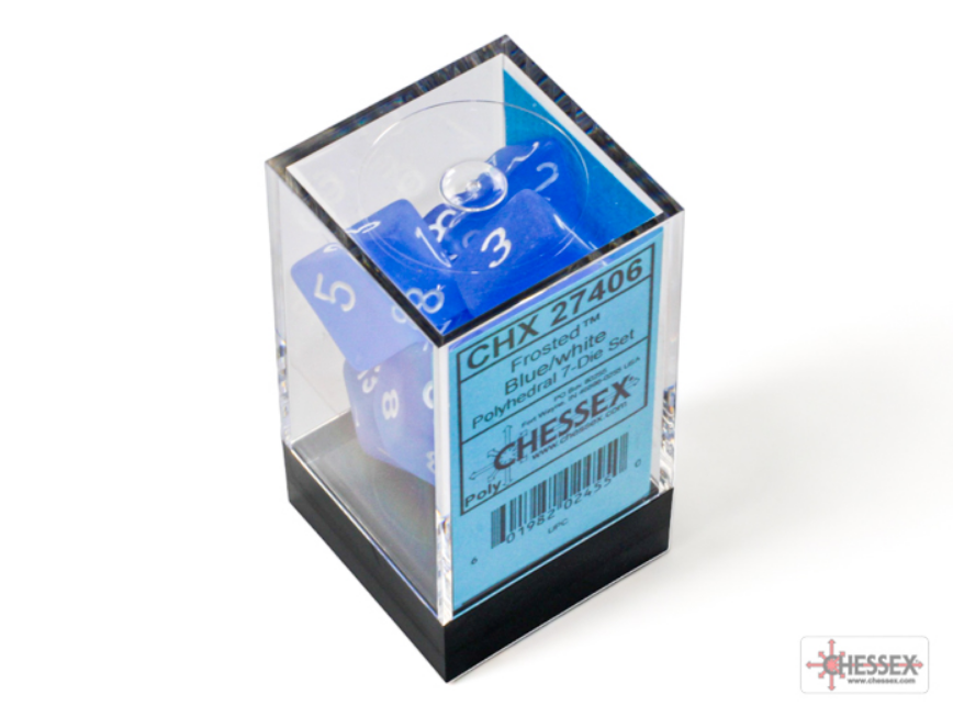 Chessex Frosted Blue and White 7-die set displayed in a clear box, featuring polyhedral dice for tabletop gaming.