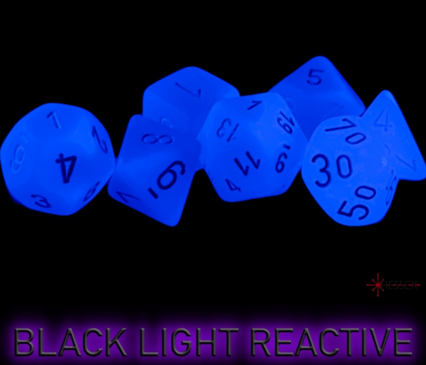 Chessex Frosted Blue/White 7-die set glowing under black light, showcasing clear numbers on each die.