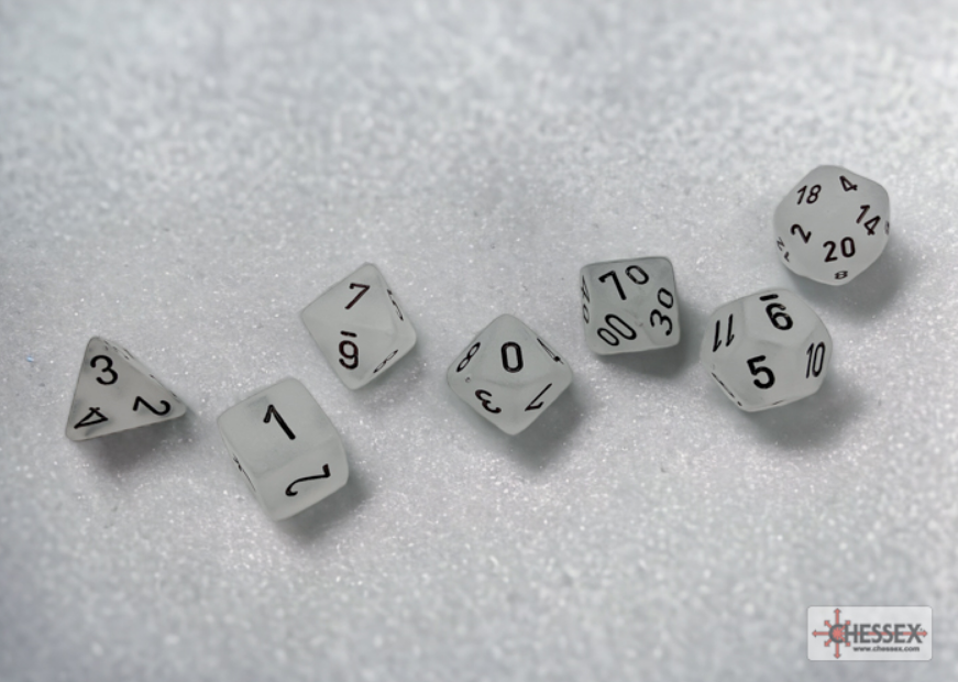 Frosted clear and black 7-die set from Chessex, featuring various polyhedral dice for tabletop gaming.