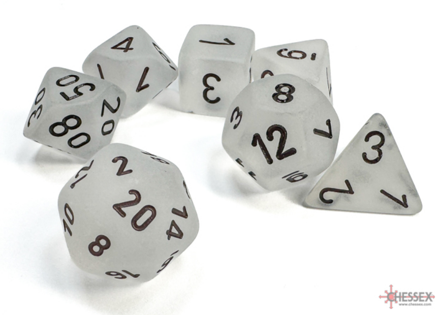 Frosted clear and black 7-die set by Chessex, featuring various polyhedral dice for tabletop gaming.