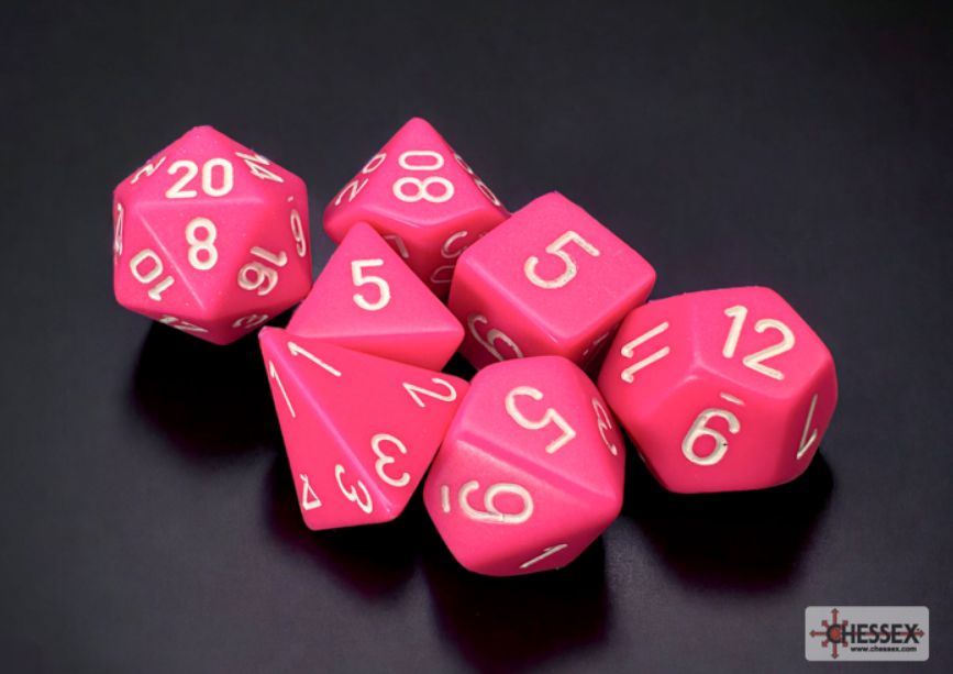 Frosted pink and white 7-die set from Chessex, featuring various polyhedral dice with gold numbering.