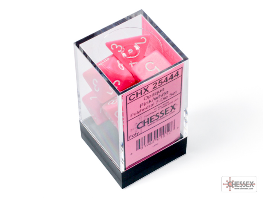 Chessex Frosted Pink and White 7-die set displayed in a clear box with a pink label and black base.