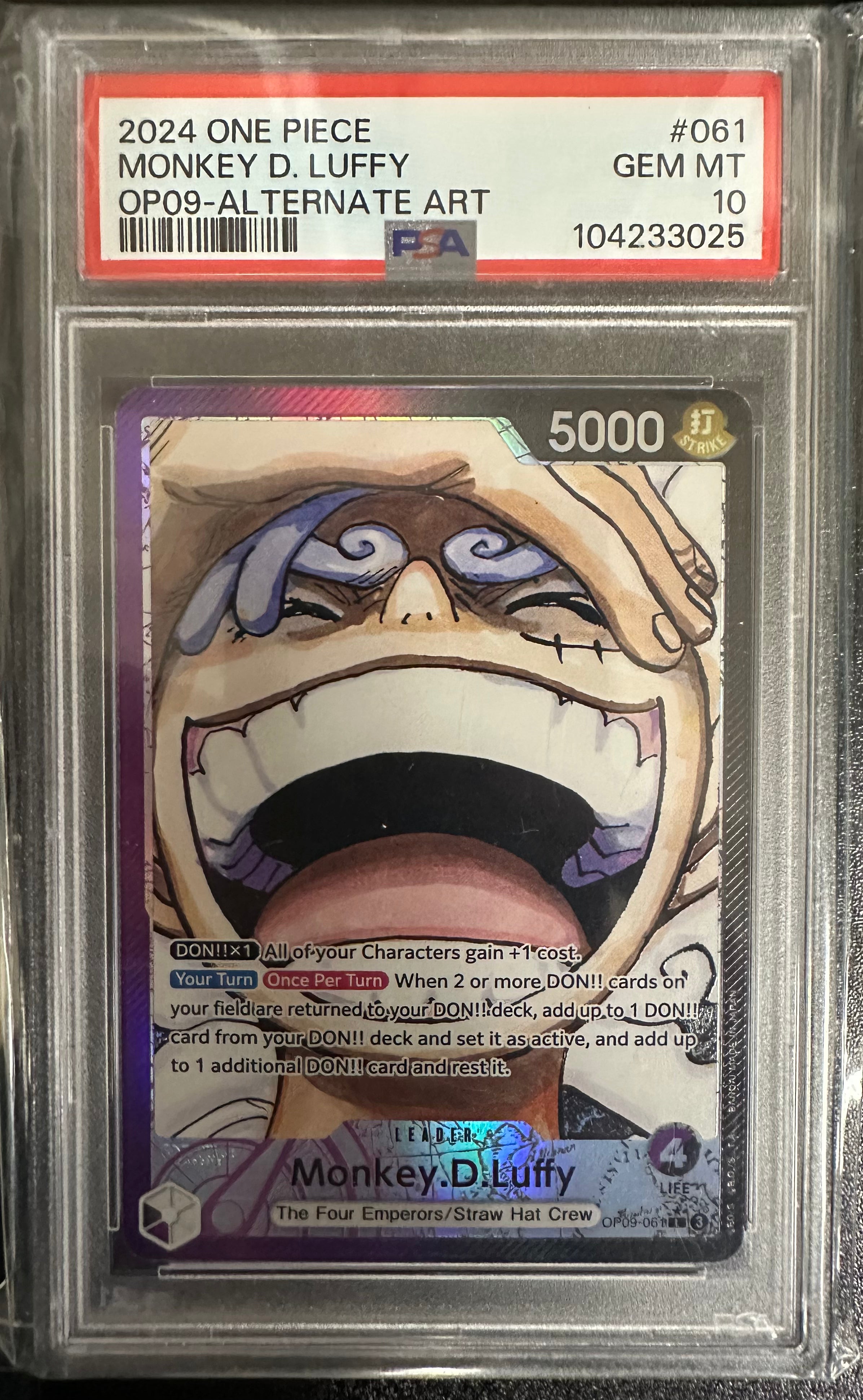 2024 ONE PIECE MONKEY D. LUFFY OP09-ALTERNATE ART PSA GEM MT 10