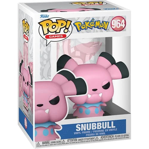 Funko Pop! figure of Snubbull from Pokémon, featuring a pink character with large ears in a display box.