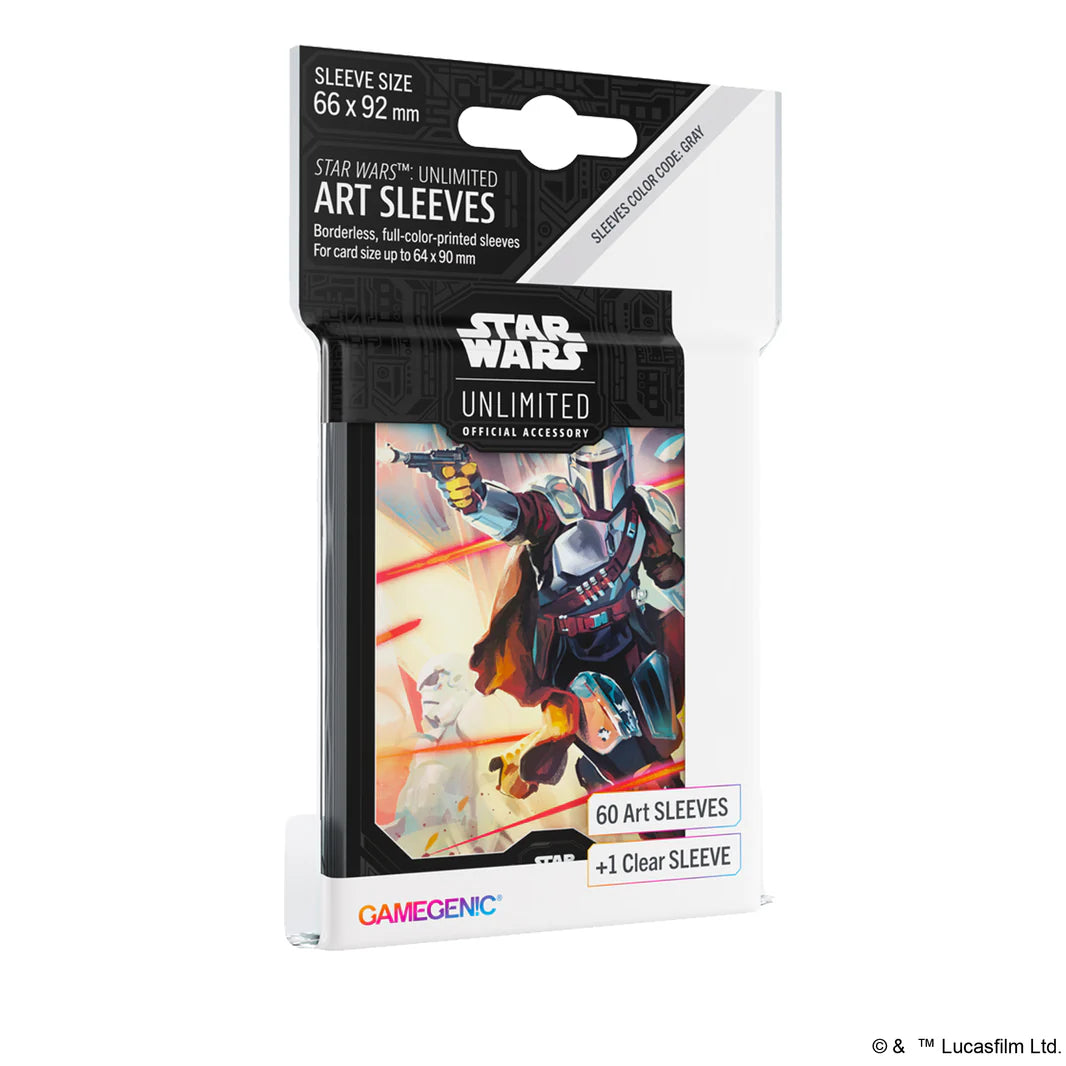 Gamegenic Star Wars Unlimited Mandalorian art sleeves pack, includes 60 illustrated sleeves and 1 clear sleeve.