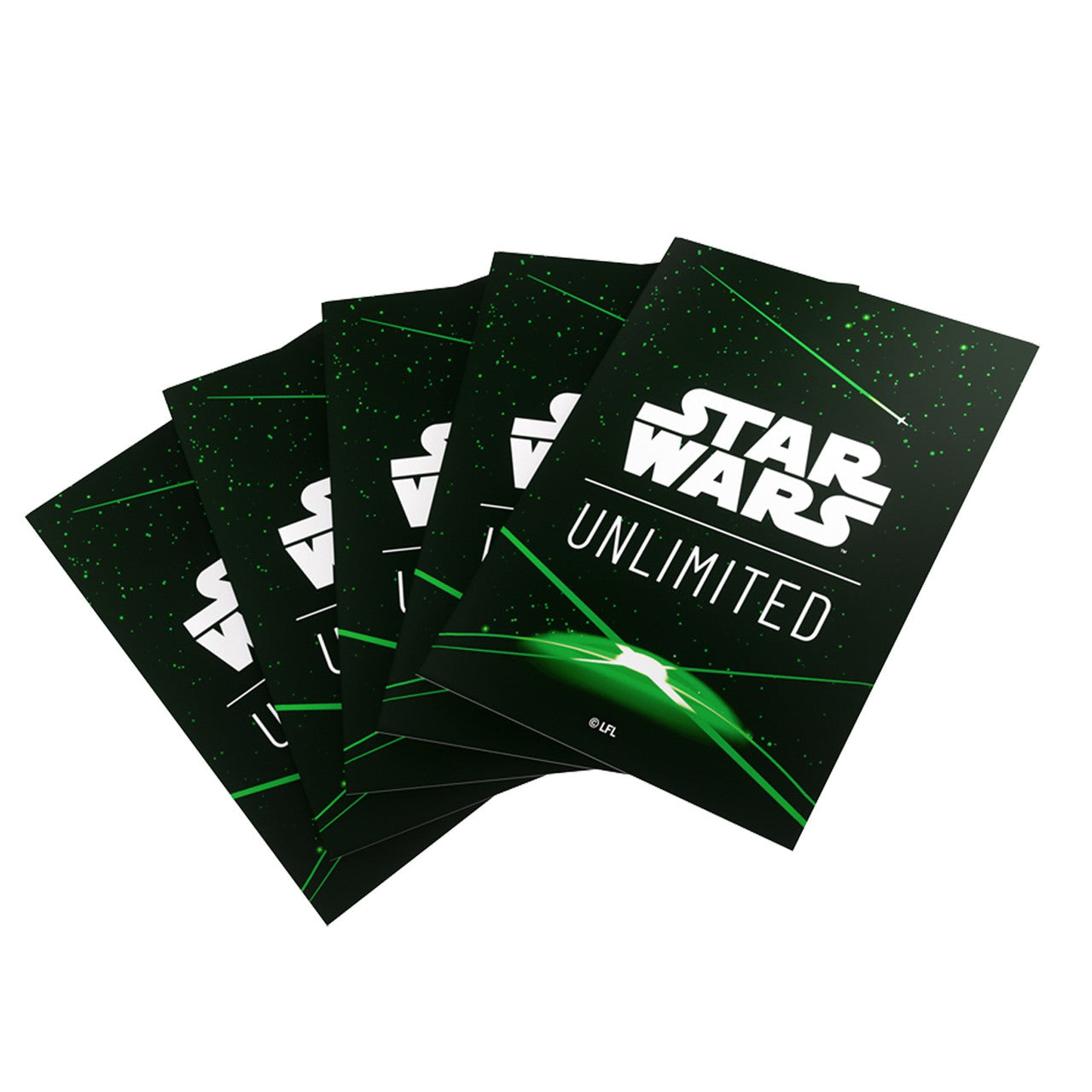Gamegenic Star Wars Unlimited card sleeves in green, featuring a sleek design with the Star Wars logo and cosmic elements.
