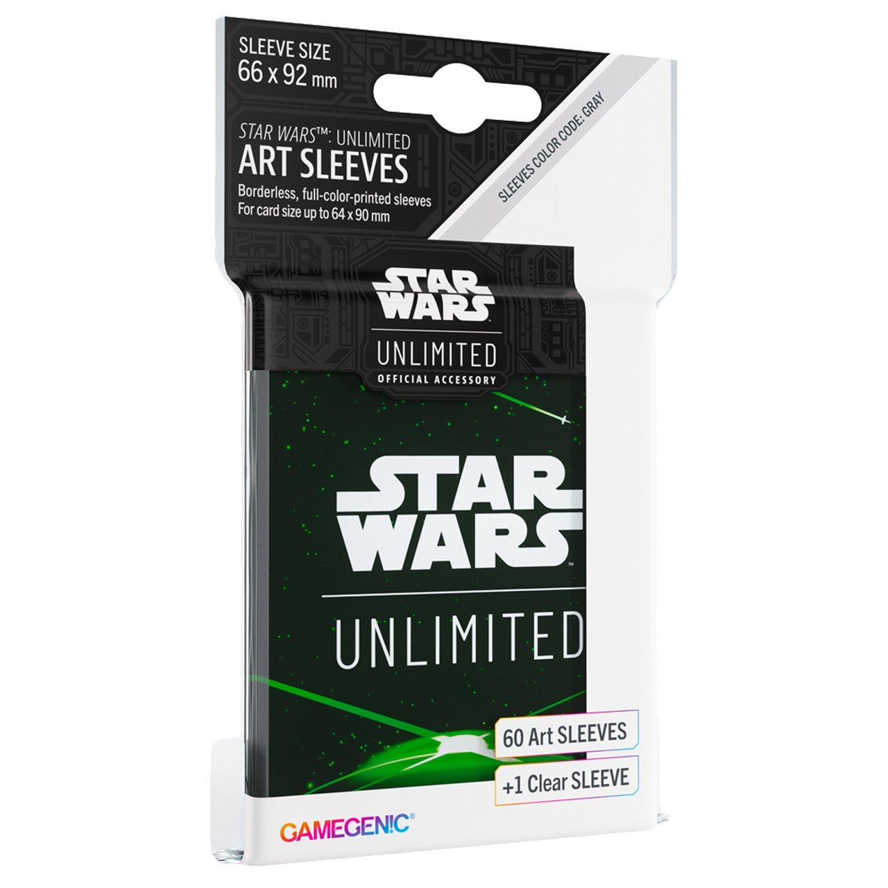 Gamegenic Star Wars Unlimited card sleeves in green, designed for cards up to 64 x 90 mm, includes 60 art sleeves and 1 clear sleeve.