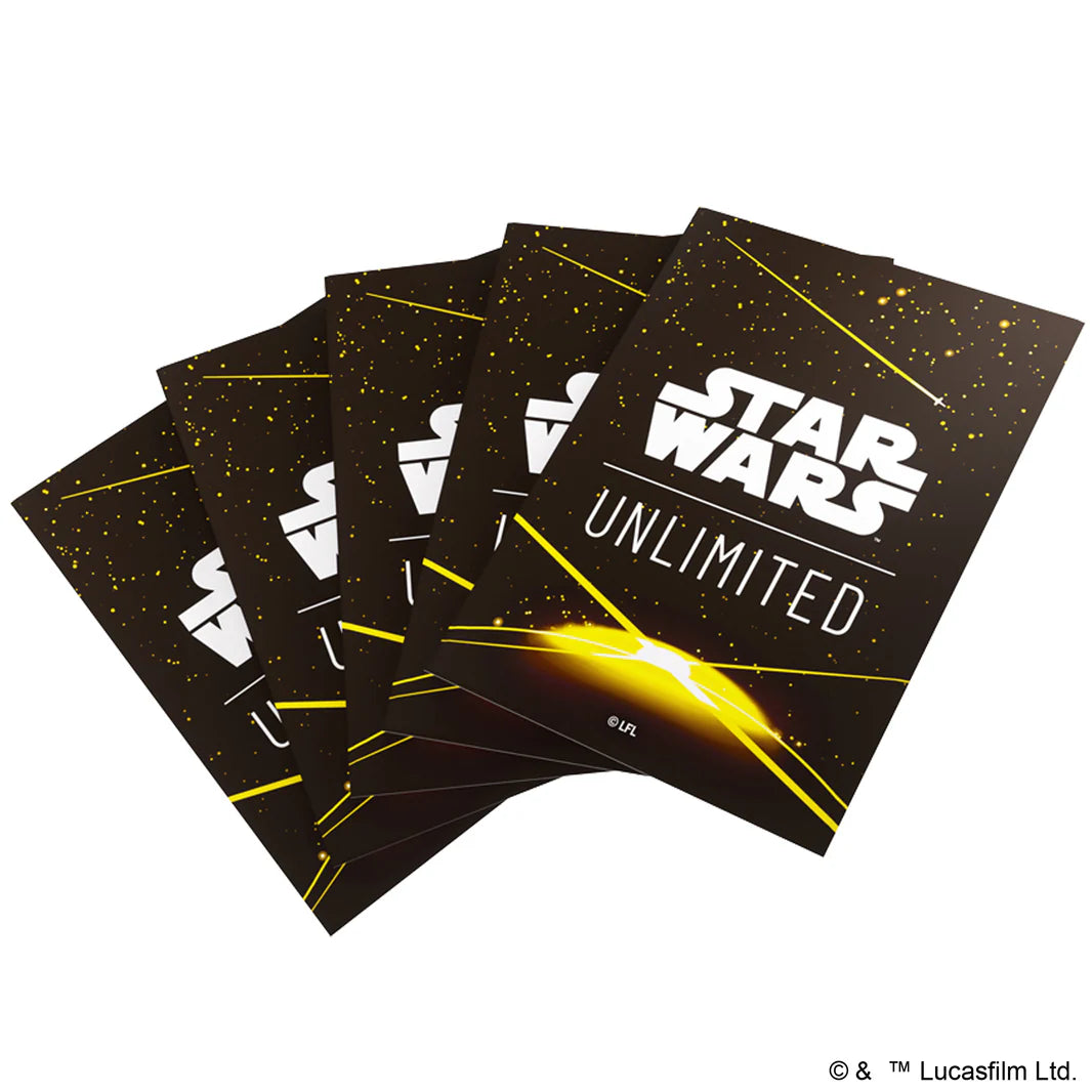 Gamegenic Star Wars Unlimited card sleeves in yellow, featuring a black background with the Star Wars logo and golden accents.