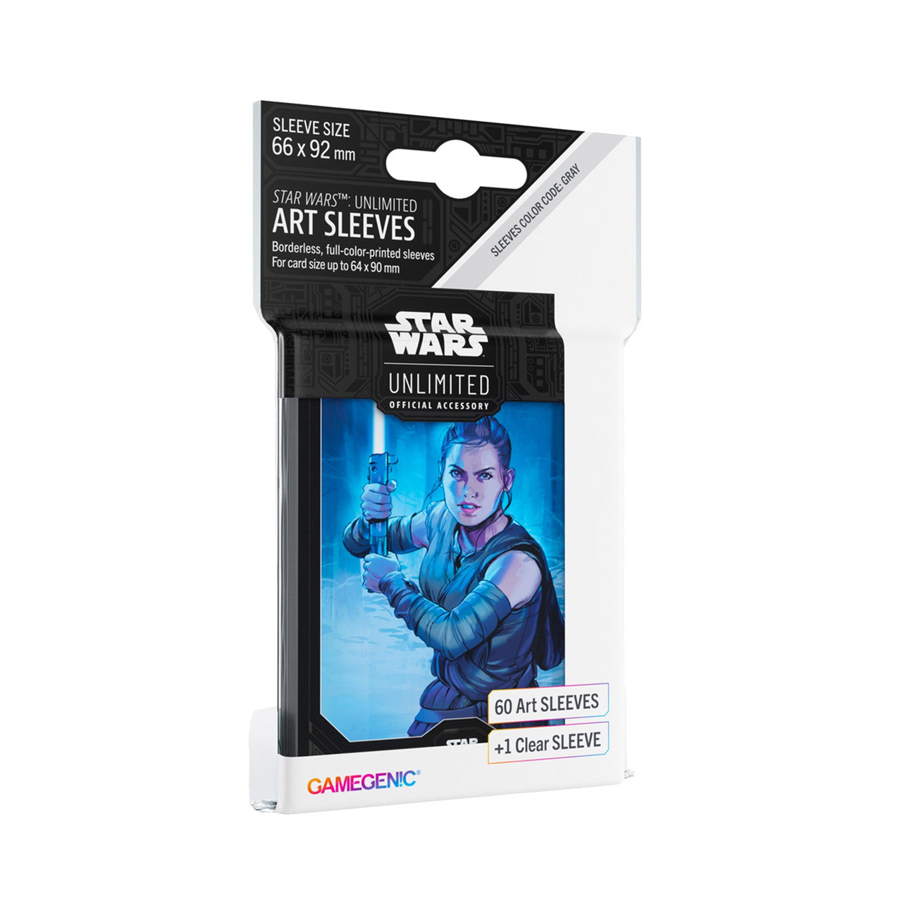 Gamegenic Star Wars Unlimited art sleeves featuring Rey, designed for cards measuring 66 x 92 mm, includes 60 sleeves.