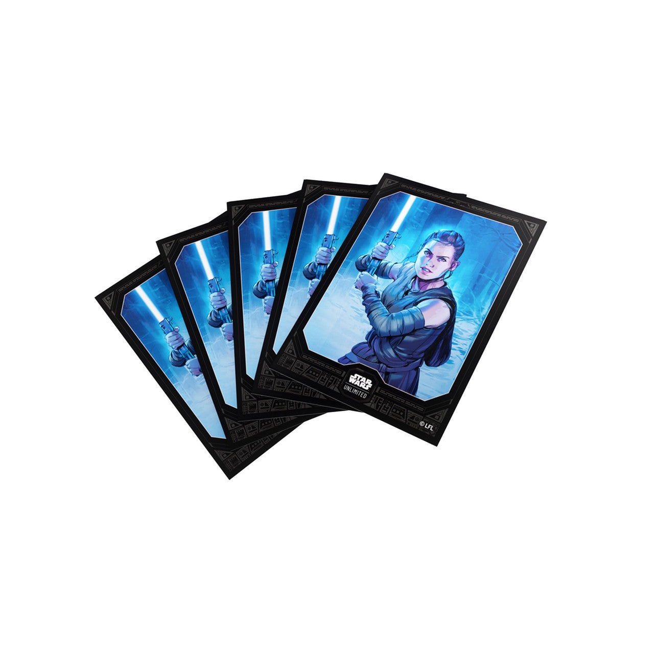 Gamegenic sleeves featuring Rey from Star Wars Unlimited, showcasing vibrant artwork and protective design for card games.